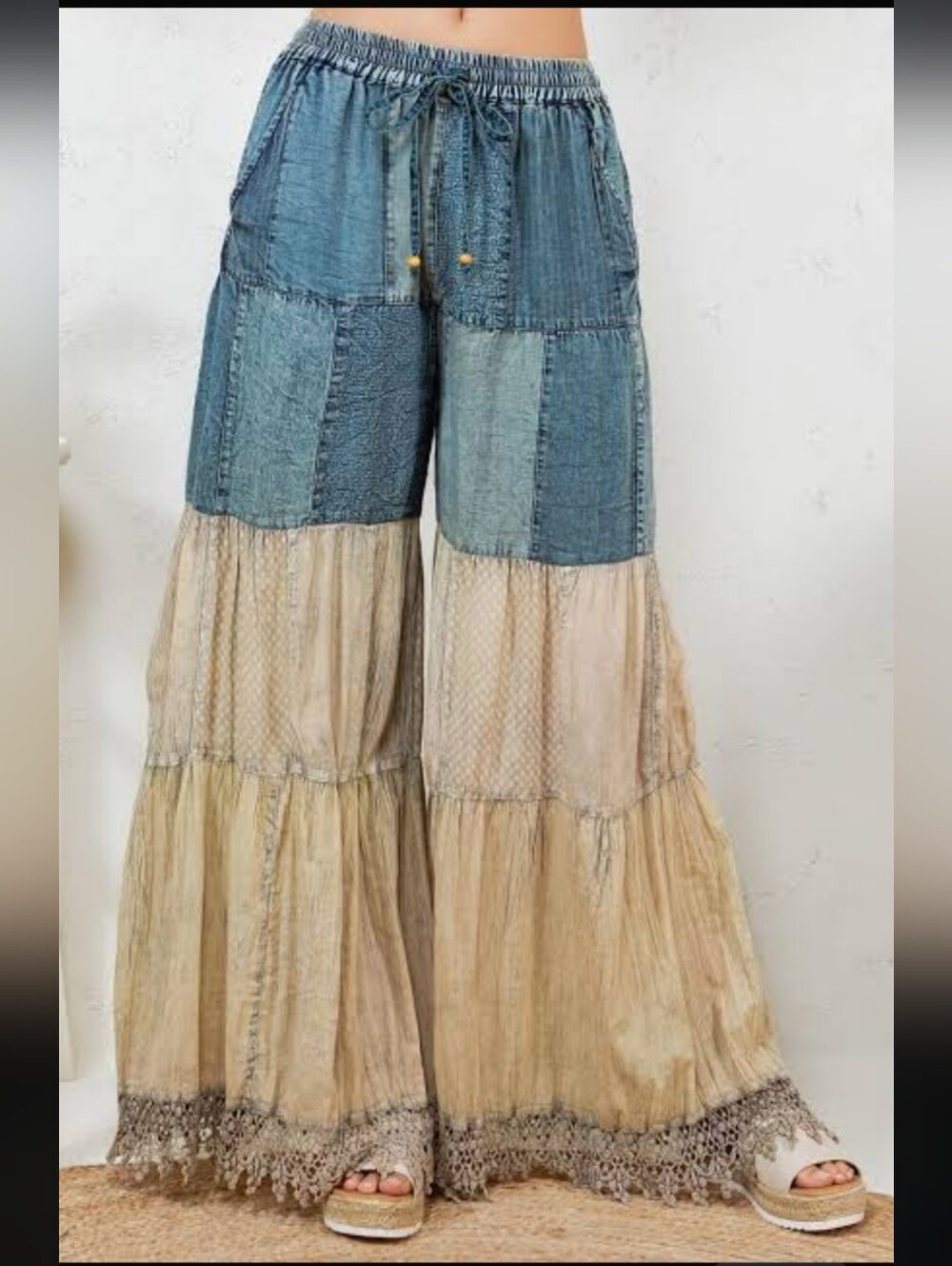 Young Threads Tiered Patchwork Wide Leg Denim Ivory Lace Pants Romantic Boho Lg